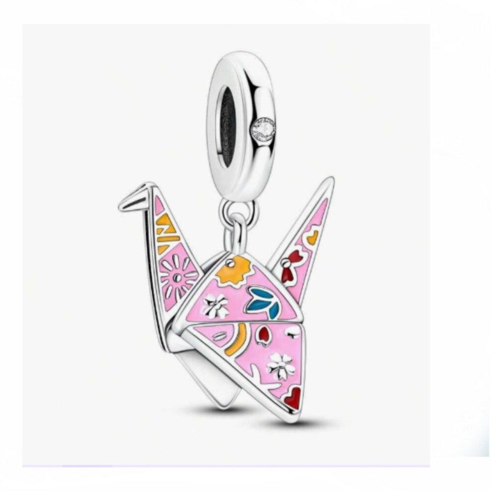 NEW Origami Paper Crane Pink Enamel Silver Charm for Pandora style bracelet